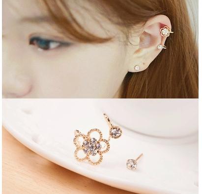 Crystal Flower Ear Clips -Ear Cuff, With Rhinestone Stud Earring