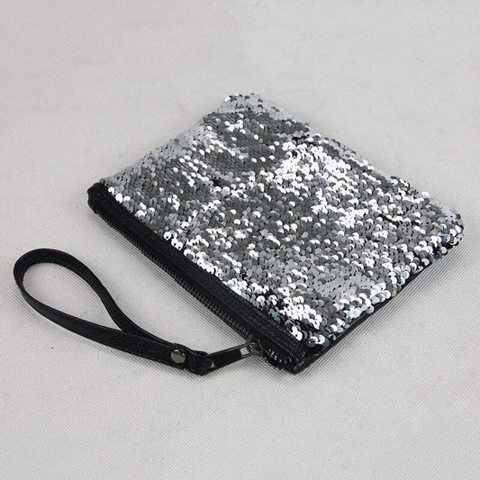 Black / Silver Reversible Sequin Cosmetic, Multifunctional Bag - High Quality